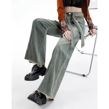 Зелени Дънки за жени с колан и висока талия, американската мода Y2K, елегантна градинска дрехи, широки дънки 2023, дамски панталони, широки дънкови панталони