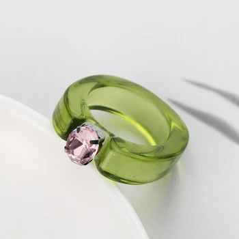 Зелено, Прозрачно Пръстен от акрилна смола, Прости Геометрични кръгли Пръстени с кристали за жени, Модни Бижута