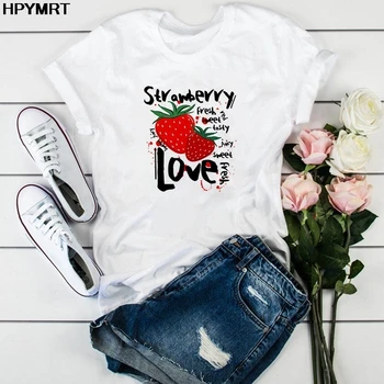 Кавайная тениска с принтом ягоди и любов, дамски забавна тениска с анимационни герои, естетически, графични тениски, дамски дрехи, фланелка с къс ръкав, отгоре
