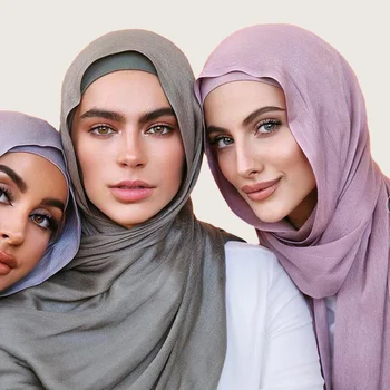 Комплект хиджабов от вискоза, шапка в тон, обикновен памук модален шал за мюсюлманските жени, Мек шал, шал с двойни бода по ръба новости.
