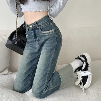 Корейски ежедневните дънки с контрастни сращиванием 2023, пролетно новост, висока градинска мода, универсални сексуални тънки прави панталони