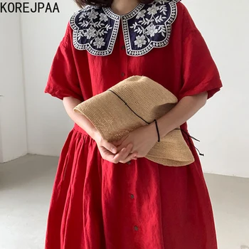 Корейското женствена рокля 2021, лятото на корейското модерен Елегантен ретро с бродирани бели цветя, кукла яка, Однобортное свободно Рокля