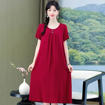 Летните елегантни червени рокли за жени 2023, ново винтажное рокля с къс ръкав в корейски стил, ежедневни дамски дрехи на средна възраст