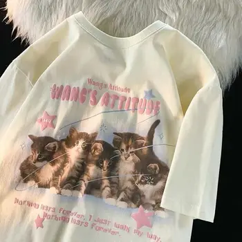 Лято 2023 от чист памук, тениски с сладък котка и къс ръкав, женски японски ретро сладък студентски топ с къс ръкав ins y2k, топ тениска