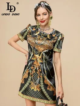 Модерно дизайнерско лятото мини рокля LD LINDA DELLA с къс ръкав, расшитое диаманти, черно винтажное къса рокля за парти