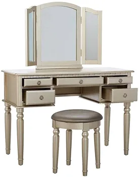 На разположение в САЩ Сгъваем огледален табуретка с чекмеджета сребрист цвят, модерен тоалетка за спалня