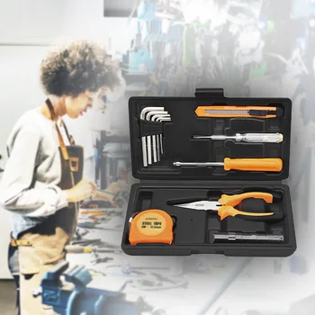 Набор от инструменти от 13 теми, общ домакински набор от ръчни инструменти за мъже и жени, ремонт на автомобили у дома, пластмасов куфар за съхранение на инструменти, оранжево