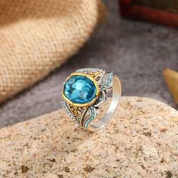 Нов пръстен с резным син камък от с сплав за мъже, моден тренд, пръстен на пръста с цирконием, мъжки ретро украса