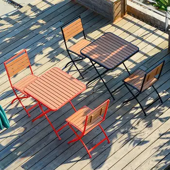 Открит Сгъваем Пластмасов Дървена маса и стол, комбинация, Вътрешен двор, Балкон, Комплекти градински мебели за отдих, желязо изкуство
