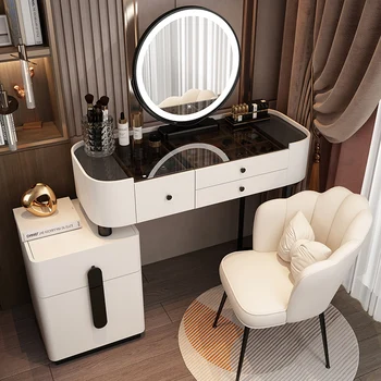 Прибиращ Луксозен Тоалетка с огледало, Стол, Тоалетка за спалня, кафяв, богат на функции Мебели за спалня Tocador Maquillaje