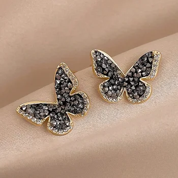 Реколта обеци-пеперуди с кристали тъмен темперамент, модни искрящи обеци-карамфил с животни златен цвят, вечерни украса