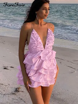 Розова рокля с волани Forefair, секси Верижка с диаманти, бретельки на спагети презрамки, V-образно деколте, 2023, летни тоалети с отворен гръб, женски хавлии за плаж, мини рокли за партита