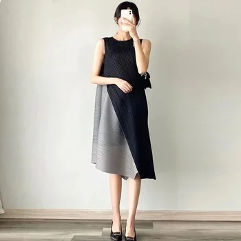 Рокли за жени 2022, Лятно Ново плиссированное рокля Miyake, черно-сиво място, ежедневното свободно красива и елегантна женствена рокля AA6537