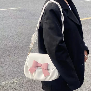 Скъпа модерна чанта на рамото за момичета, розово лък, дамска чанта, Сладък дамски чанти с рюшами, елегантна малка чанта-месинджър