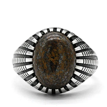 Сребро проба 925 с естествена бронзово-сив камък, просто класически елегантен мъжки пръстен, турски ръчно изработени бижута, изискани пръстен