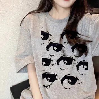 тениски с y2k принтом очите, женски забавни тениски за момичета, y2k, дрехи от манга и аниме