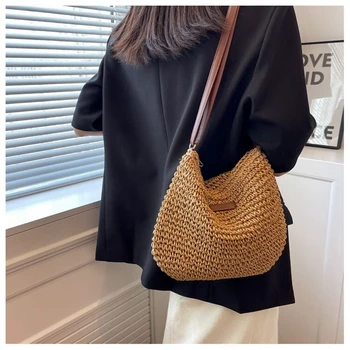 Тканая чанта ръчна изработка с голям капацитет, дамски модни лятна плажна преносима чанта през рамото си, пътна чанта-месинджър