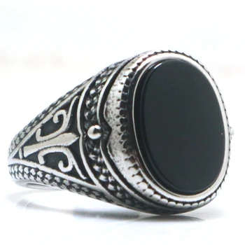 Унисекс от неръждаема стомана 316L Класическо винтажное пръстен с черен камък