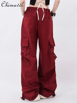 Червени панталони-карго в корейски стил, женски 2023, Лято-есен, градинска дрехи, стръмни свободни ежедневни панталони с завязками, Черни Панталони, женски