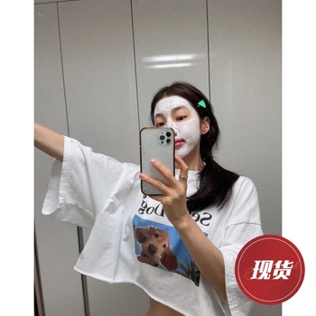 Южнокорейски Dongdaemun, стилни ретро универсална къса тениска с принтом, женски дизайн, свободен топ с къс ръкав мързел wind